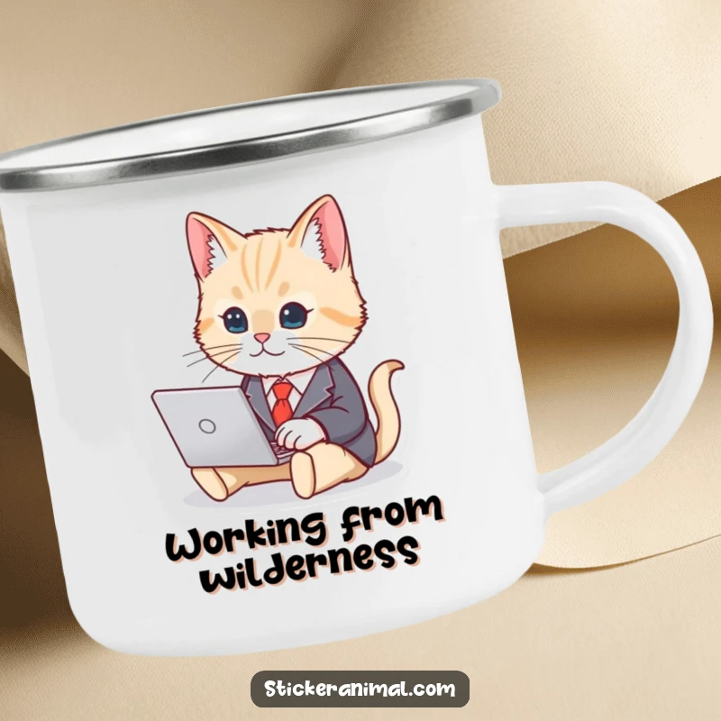 Funny camping mug with a cute cat in a business suit, typing on a laptop, perfect for outdoor office humor.