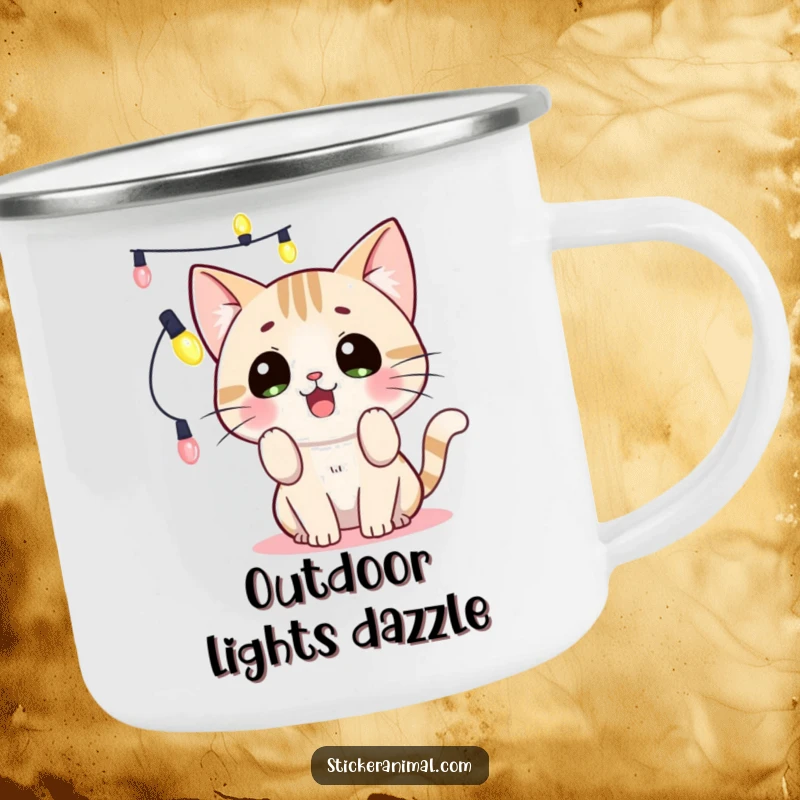Funny surprised cat tangled in string lights on a camping mug, durable and ready for outdoor fun, an excellent funny gift.