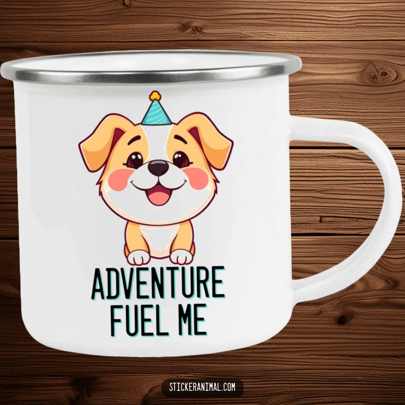 Funny happy dog wearing a party hat on a camping mug, durable and ready for outdoor celebrations, an excellent funny gift.