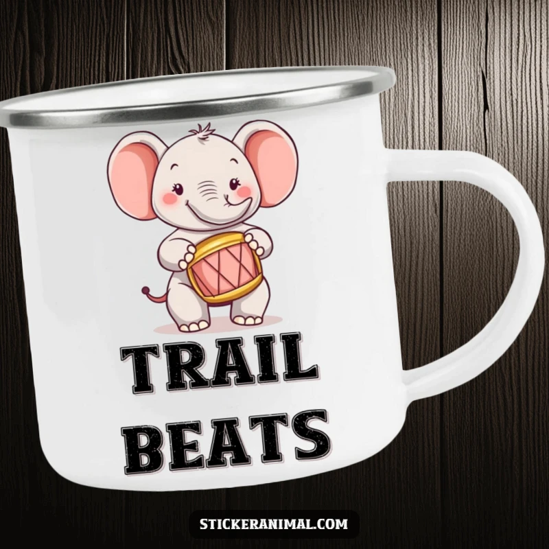 Funny elephant character enjoying a camping trip, playing a tiny drum by the campfire on a mug.