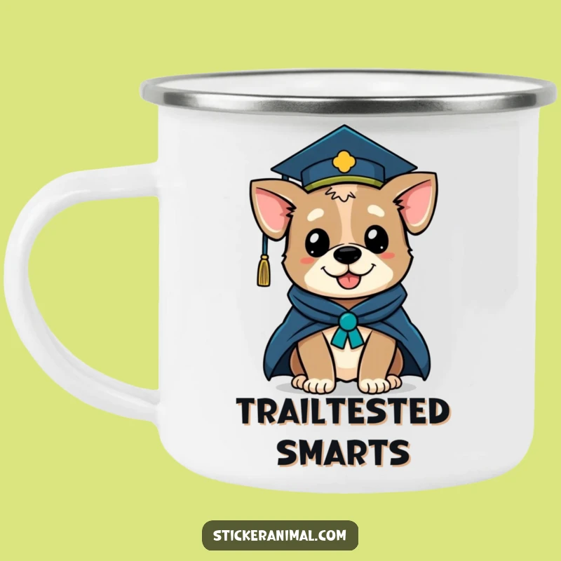 Funny Graduation Dog Camping Mug: Winking Scholar Pup, Trailhead Gift