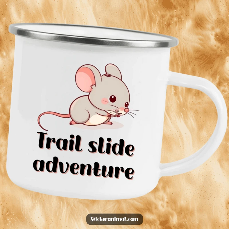 Funny camping mug with a mischievous mouse sliding down a tail, ideal for enjoying warm drinks during outdoor adventures.