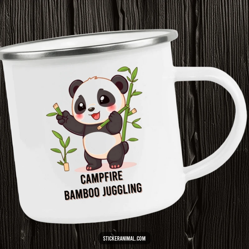 Funny playful panda cub juggling bamboo shoots with glee on a durable enamel camping mug for outdoor beverages.