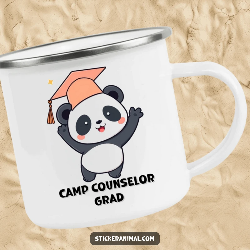 Funny camping mug featuring a panda in a graduation cap tossing it in the air, celebrating success on outdoor adventures.