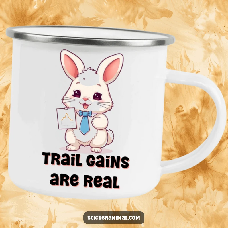 Funny camping mug with a fluffy rabbit in a tie, enthusiastically presenting a tiny graph, ideal for outdoor coffee breaks.