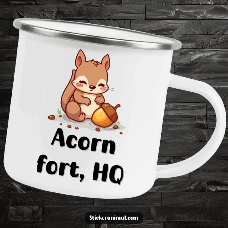 Funny camping mug showing a mischievous squirrel burying a shiny acorn, perfect for outdoor enthusiasts who love humor.