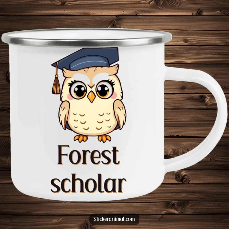Funny Surprised Owl Camping Mug: A rugged mug featuring a surprised owl in a graduation cap, perfect for outdoor-loving grads.
