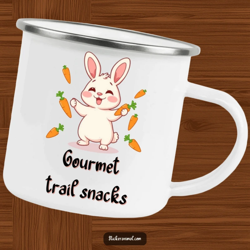 Funny giggling rabbit juggling carrots on a camping mug, durable and ready for outdoor fun, an excellent funny gift.
