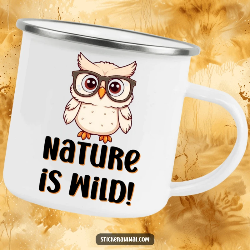 Funny owl wearing huge spectacles and looking surprised on a durable camping mug, perfect for outdoor enjoyment.