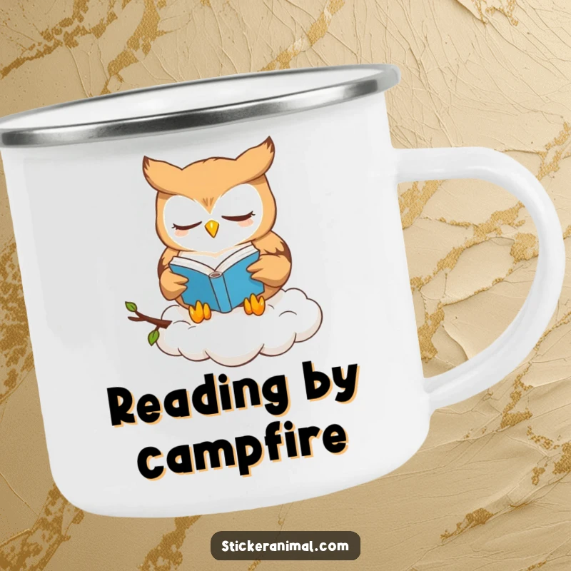 Funny owl book lover camping mug showing a cute owl character reading a book on a cloud, perfect for outdoor contemplation.