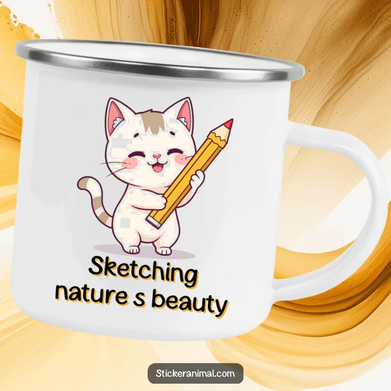 Funny cat artist camping mug showing a playful cat character drawing a star with a giant pencil, perfect for outdoor creativity.