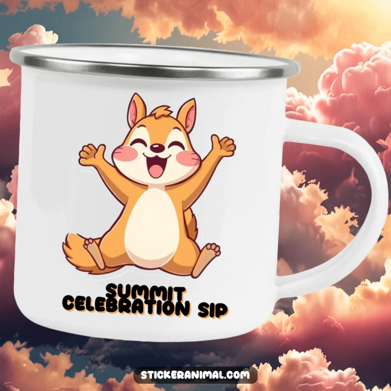 Funny camping mug showcasing a squirrel character excitedly leaping, perfect for embracing the outdoors with humor and cheer.