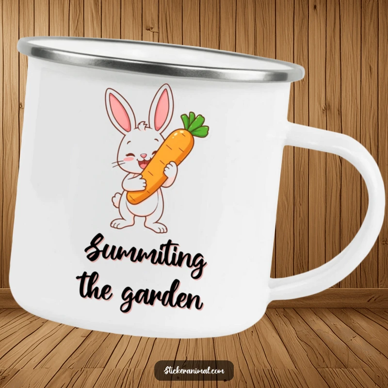 Funny camping mug with a happy bunny character proudly holding a large carrot as a trophy, ideal for celebrating wins outdoors.