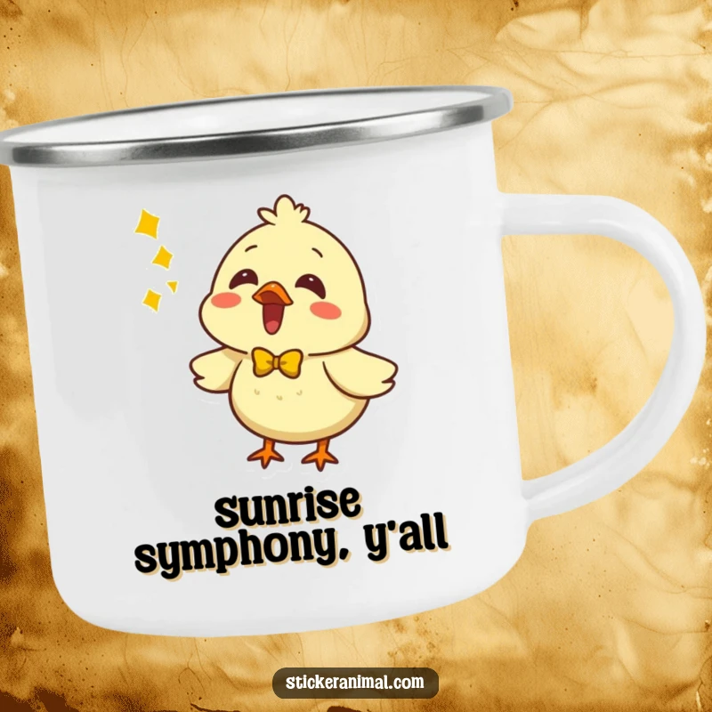 Funny enamel camping mug with a chick character wearing a bow, singing joyfully. Great for campers.