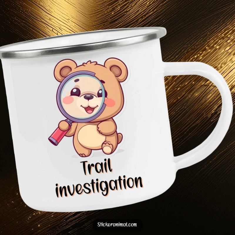 Funny Bear Camping Mug: A bear holds a magnifying glass, ready for outdoor exploration with a humorous twist.