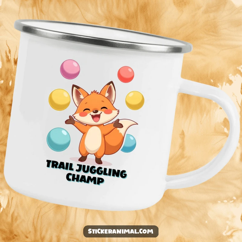 Funny camping mug with a grinning fox juggling oversized balls, celebrating outdoor adventures with a touch of whimsical fun.