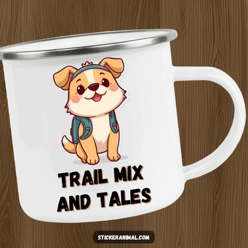 Funny enamel camping mug with a dog character wearing a backpack, designed for outdoor adventures. Great for campers.