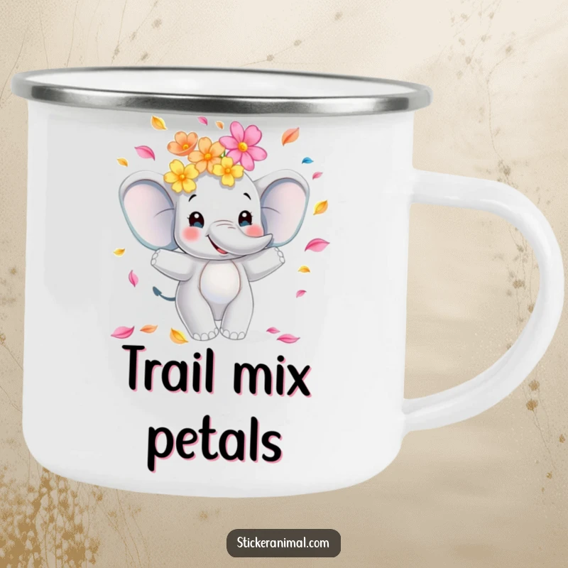 Funny elephant camping mug with a smiling character juggling flower petals, designed for outdoor enjoyment and cheerful sips around the campfire.