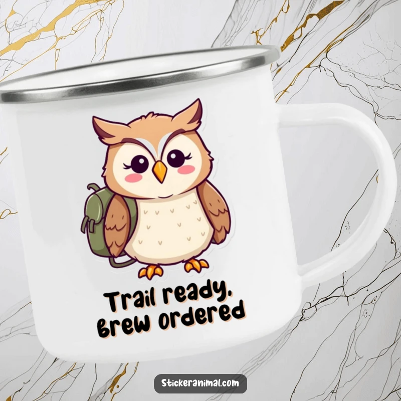Funny camping mug with a cheerful owl wearing a backpack, ready for adventure, designed for outdoor exploration.