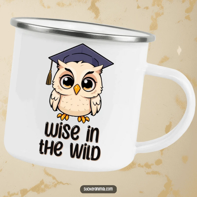 Funny camping mug depicting a wide-eyed, surprised owl wearing a graduation cap, ideal for outdoor celebrations.
