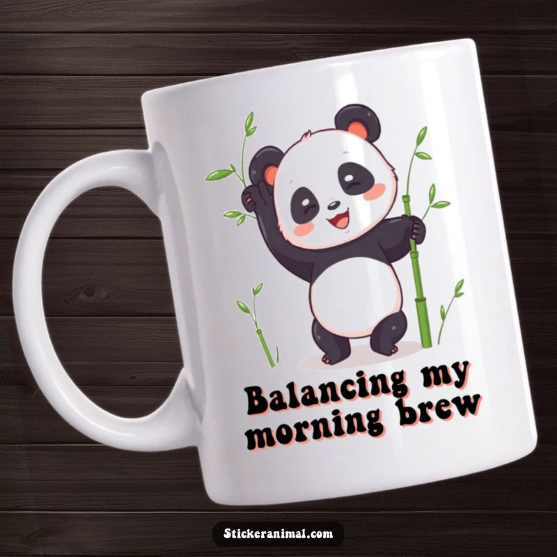 Funny panda mug with a joyful panda character attempting a wobbly handstand while holding bamboo stalks, conveying effort and humor.