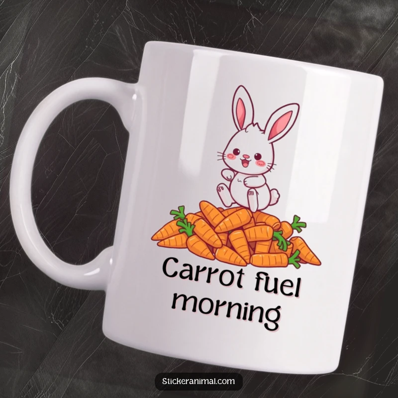 Funny rabbit mug showcasing a playful character joyfully hopping over a big pile of carrots, full of energetic fun.