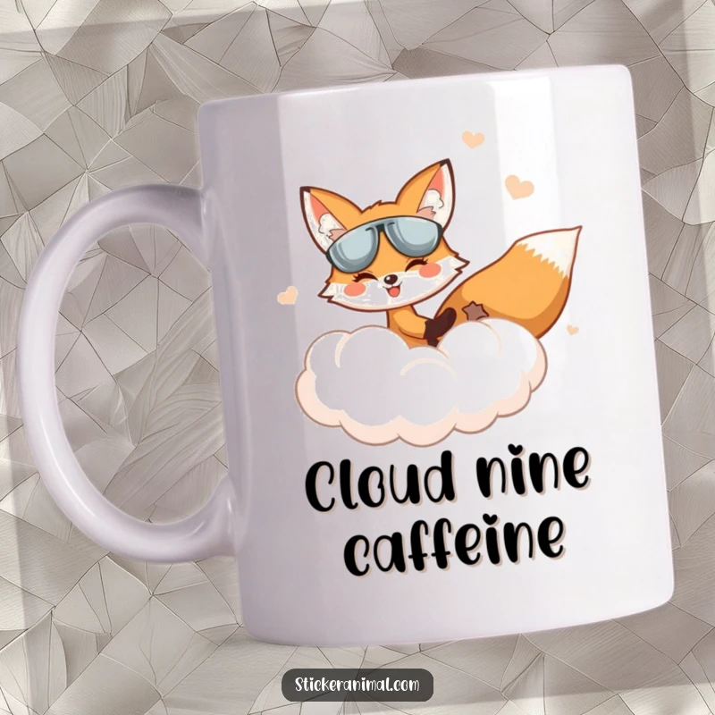 Funny Fox Mug: A smiling fox pilots a fluffy cloud through a whimsical sky, radiating joy and adventure.