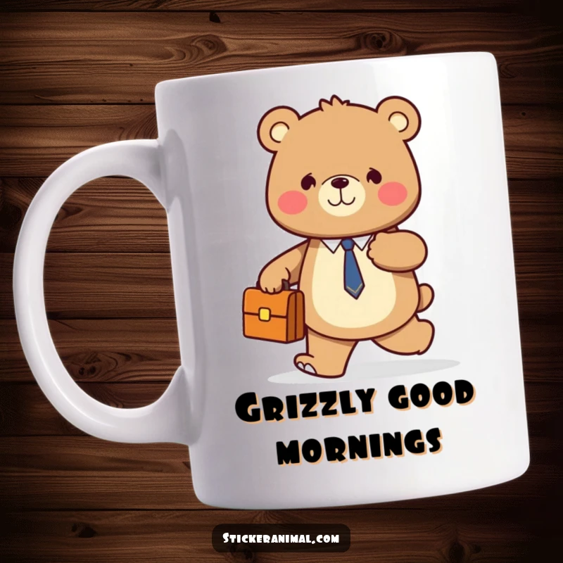 Funny mug showcasing a smiling bear confidently walking forward, holding a briefcase, embodying determination and humor.