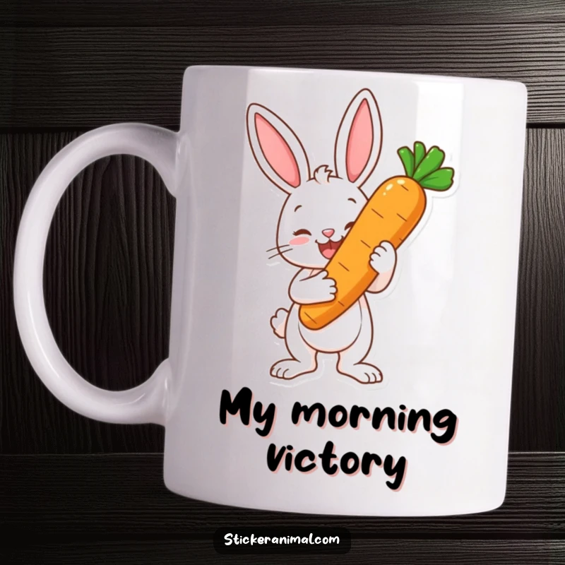 Funny mug with a happy bunny character standing proudly, holding a large carrot as if it were a prestigious trophy.