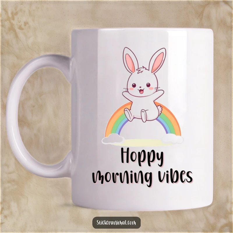 Funny mug with a smiling bunny joyfully hopping over a small, colorful rainbow, radiating happiness.