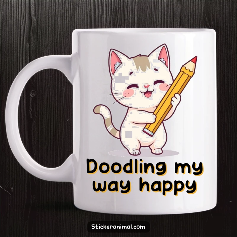 Funny cat mug with a playful cat character enthusiastically drawing a large star with an oversized pencil, showcasing artistic focus.