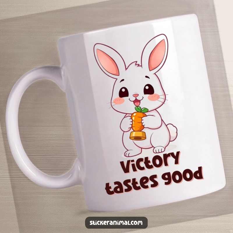 Funny Cheerful Rabbit Carrot Trophy Mug: A happy rabbit proudly holding a tiny carrot as if it were a grand trophy, exuding joy.
