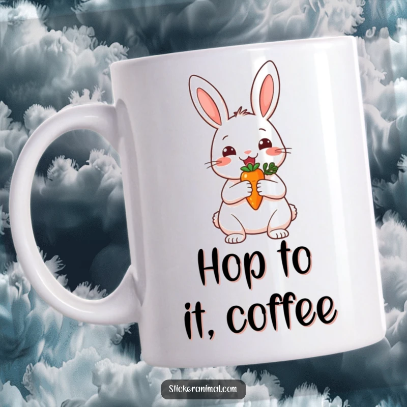Funny mug showing a jubilant rabbit proudly holding a tiny carrot aloft like a prestigious trophy, celebrating victory.