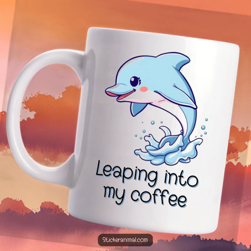 Funny Dolphin Leap Mug featuring an energetic dolphin character joyfully leaping high out of the sparkling blue water.