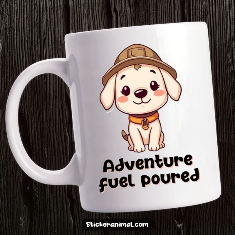 Funny mug with a smiling puppy wearing a tiny explorer hat, peering with curiosity, ready for exciting, humorous adventures.