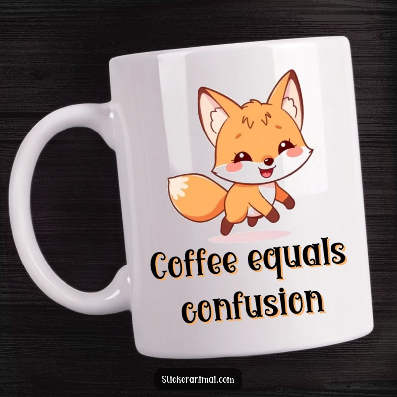 Funny mug depicting a curious fox with a wide grin, playfully chasing its own tail in a comical, never-ending loop.