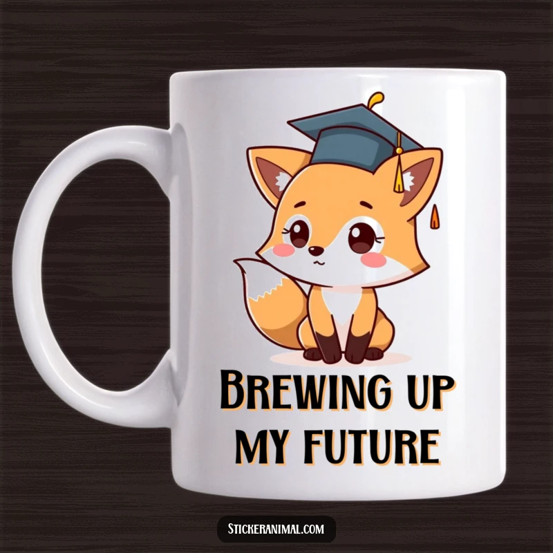 Funny graduation mug showing a cute fox wearing a tiny cap, gleefully tossing it up in celebration of academic achievement.