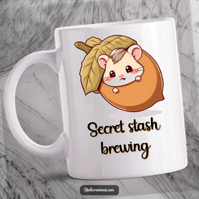 Funny mug with a mischievous hamster character peeking out from behind a giant acorn, playing a cute and hilarious game of hide-and-seek.