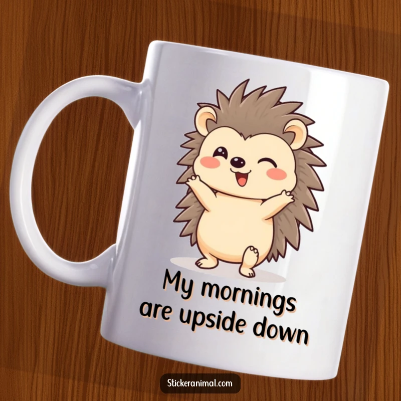 Funny hedgehog doing a headstand on a mug, looking cheerful and embracing a playful yoga pose, perfect for a funny gift.