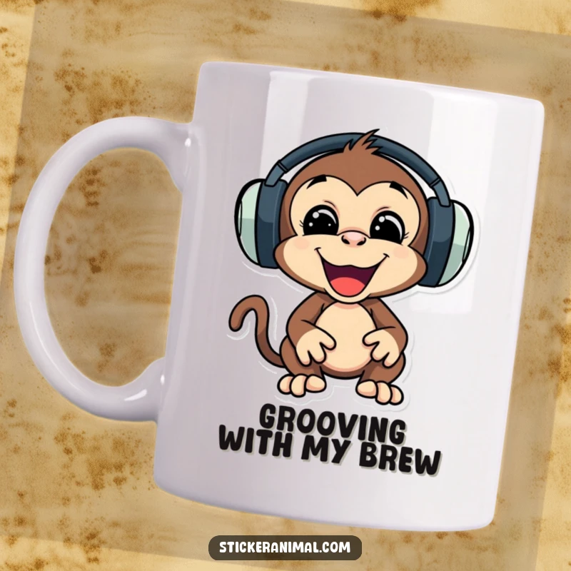 Funny mug features a playful monkey character wearing huge headphones, energetically bopping its head to imaginary music.