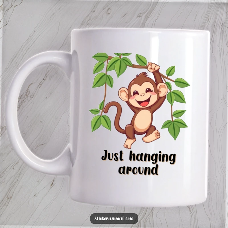 Funny mug illustrating a joyful monkey swinging gleefully from a vine, its face alight with infectious giggles and jungle fun.