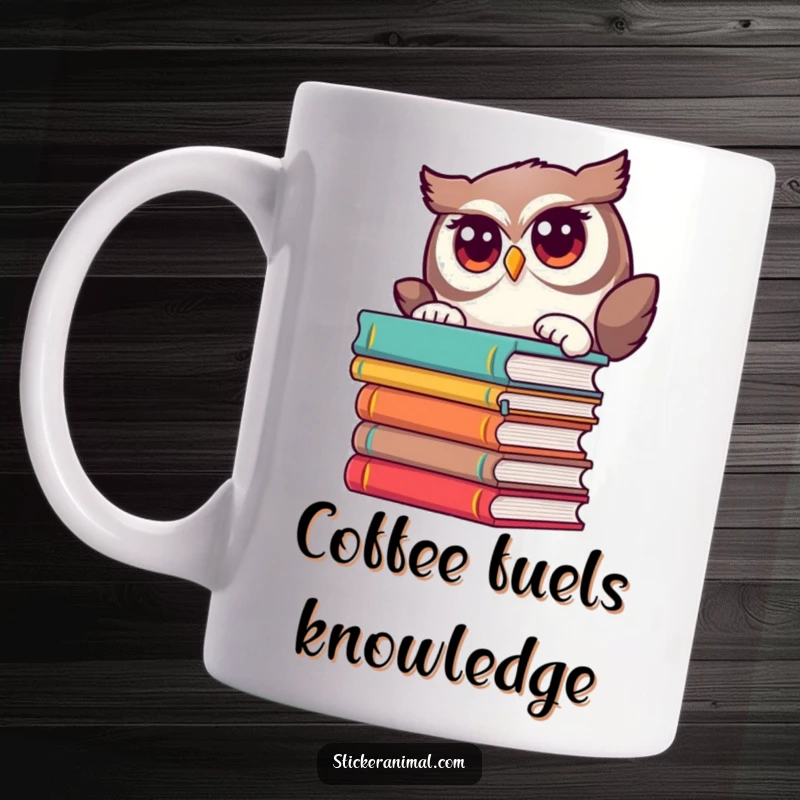 Funny mug shows a curious owl character peeking from behind a tall stack of books, inviting readers.