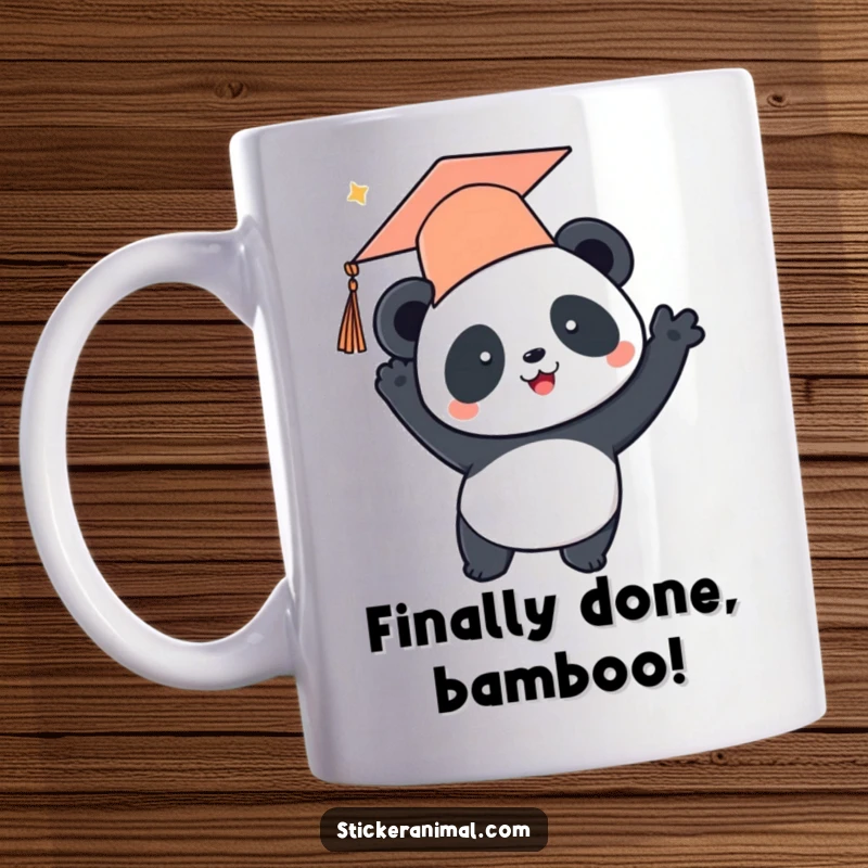 Funny mug with a cute panda in a graduation cap tossing it high in the air, celebrating academic success with pure joy.
