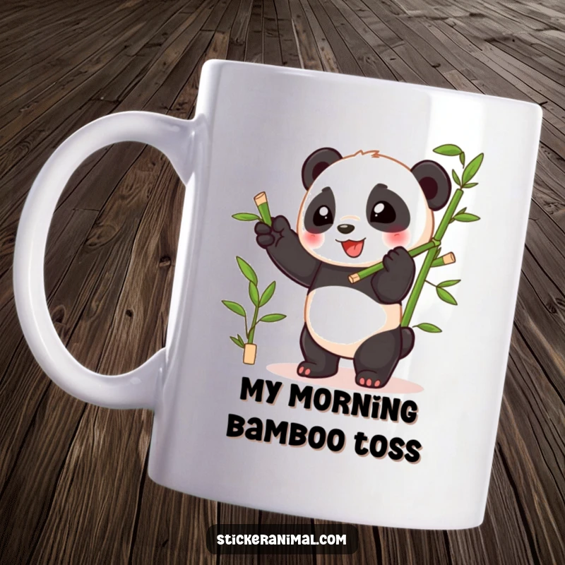 Funny playful panda cub happily juggling bamboo shoots on a cheerful mug, celebrating fun and bamboo.
