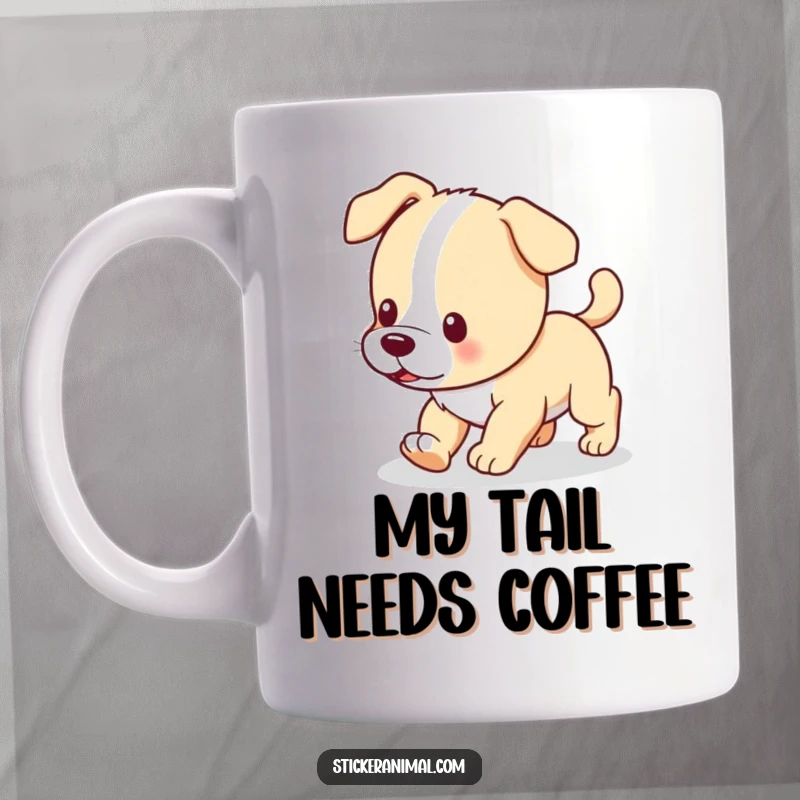 Funny mug depicting a cute, curious puppy comically chasing its own wagging tail, perfect for dog enthusiasts.