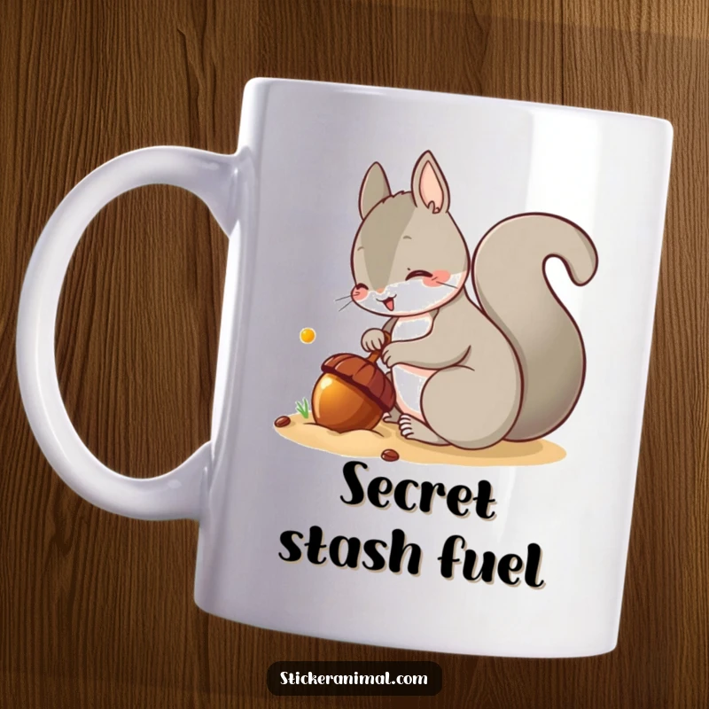 Funny mug showing a sneaky squirrel digging a hole to bury a large, shiny acorn with a mischievous grin.