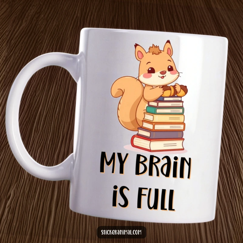 Funny mug featuring an adorable squirrel character precariously balancing a tall stack of acorns resembling books, looking studious and whimsical.