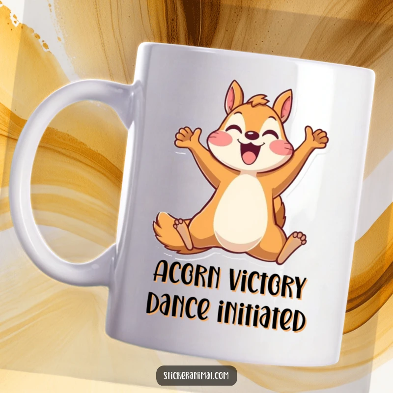 Funny mug with a happy squirrel character leaping joyfully, celebrating a win with pure excitement, a perfect gift for humor enthusiasts.