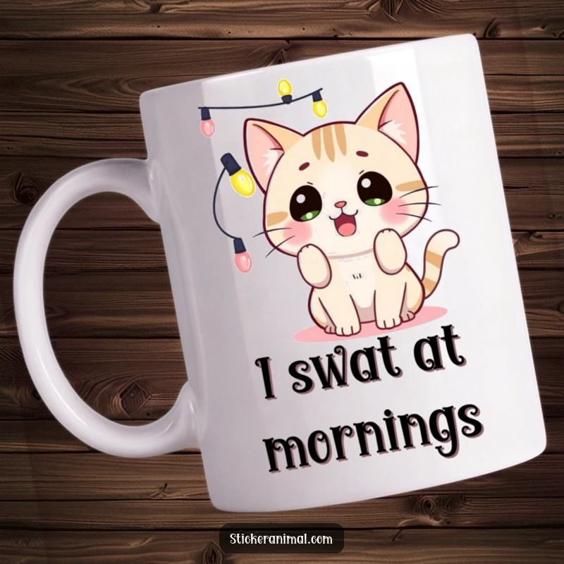 Funny surprised cat batting at a string of lights on a mug, embodying playful holiday chaos, perfect for a funny gift.
