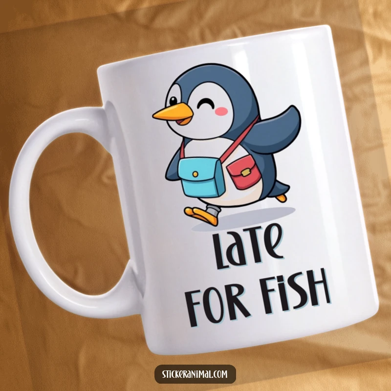 Funny penguin mug showing a cheerful character with a tiny messenger bag, eagerly running with a determined and happy expression.